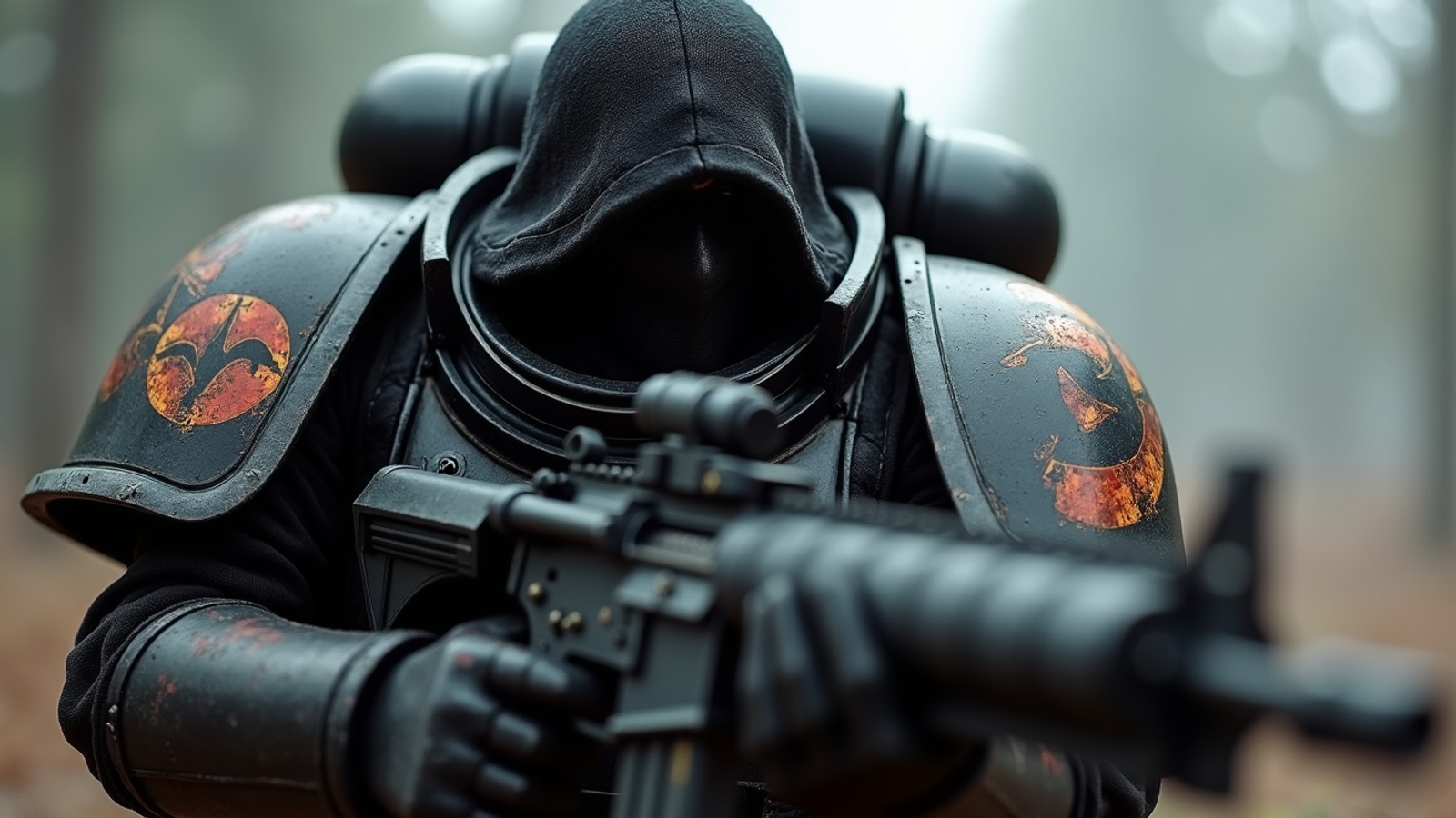 Close-up view of a Raven Guard Space Marine wielding a bolt rifle in a stealth pose