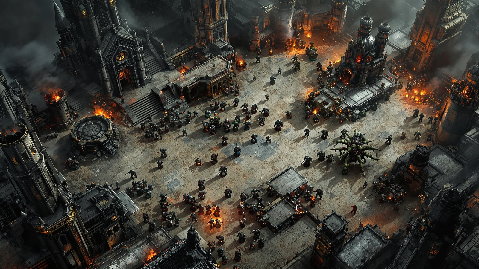 Warhammer 40k tactical battlefield with gothic ruins and bunkers as terrain objectives, Space Marines and Orks fighting for control