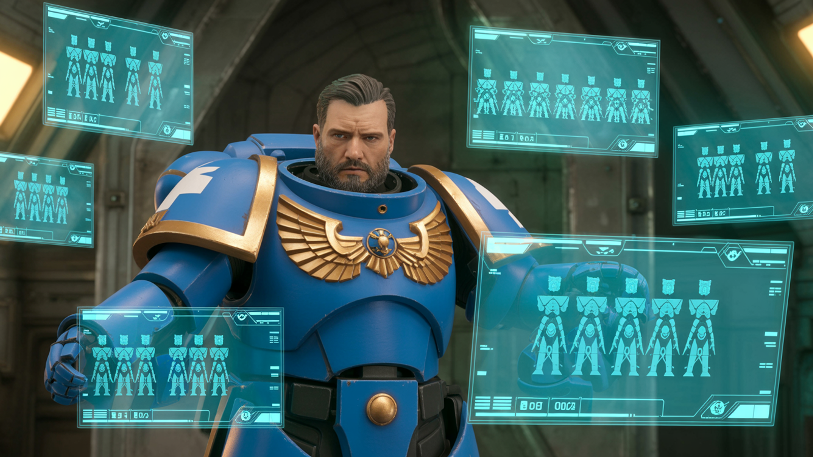 Space Marine commander studying holographic tactical displays showing the new 11th Edition modular detachment system