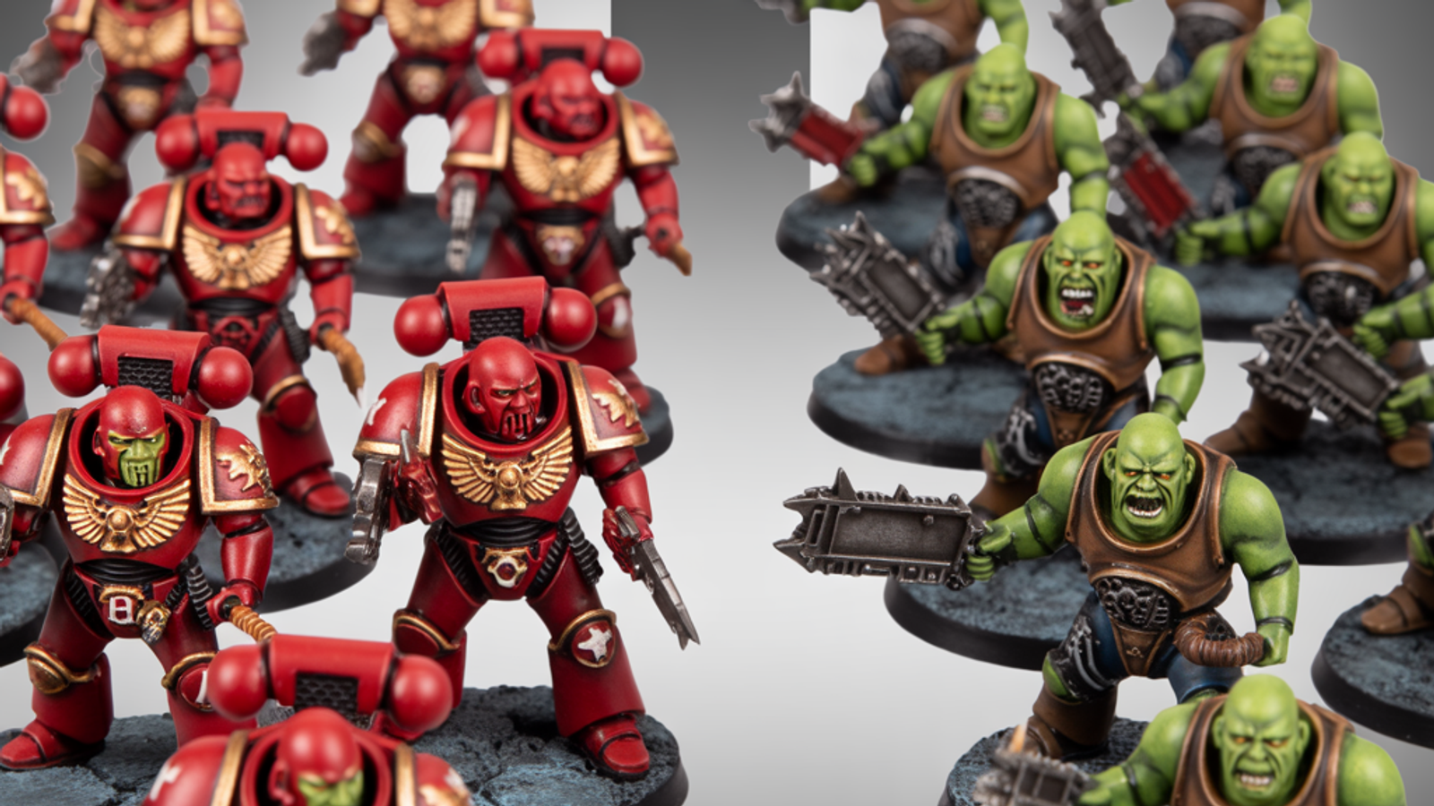 Warhammer 40k Armageddon starter set miniatures - Blood Angels and Ork Boyz painted and displayed