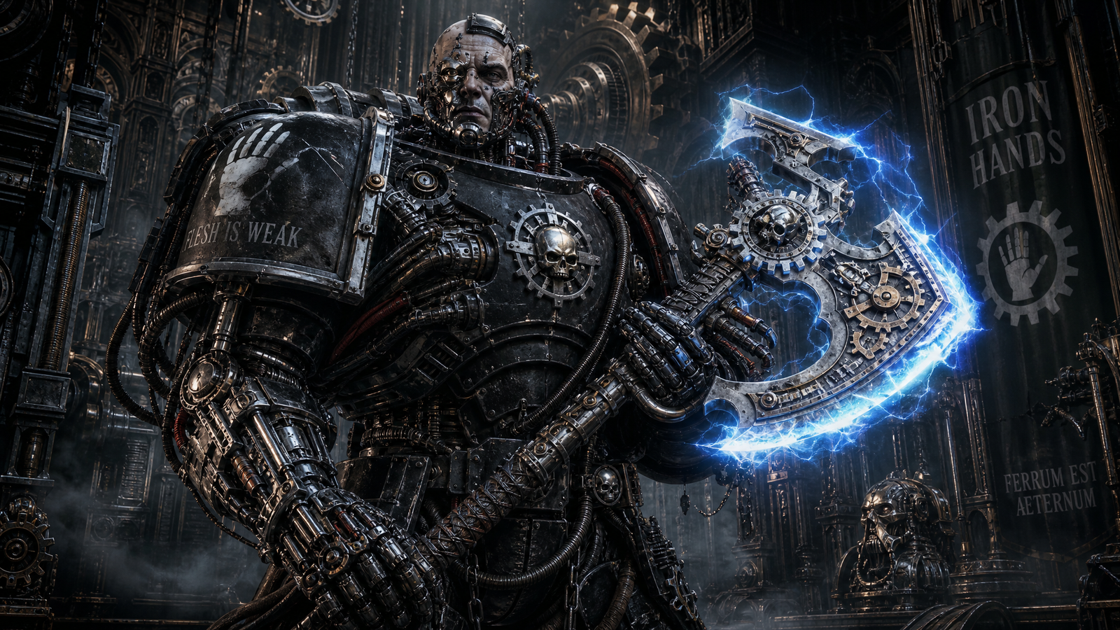Iron Hands Space Marine with augmetic armour and Omnissiah Axe from the Iron Hands Chapter Pack DLC