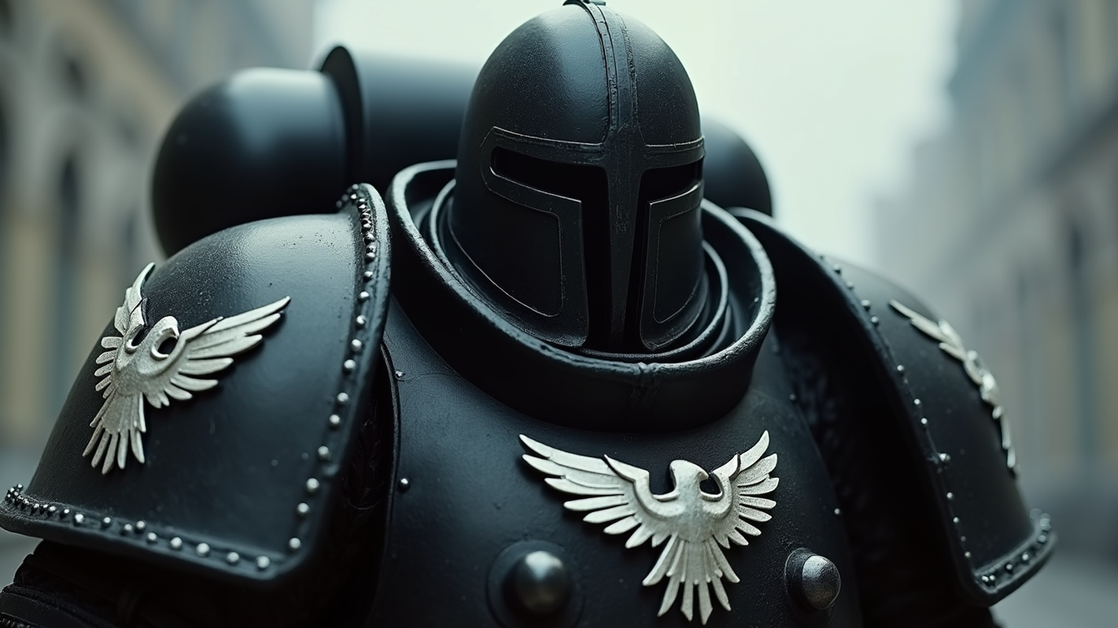 Eye-level view of a Raven Guard Space Marine model in black armor with white raven insignia