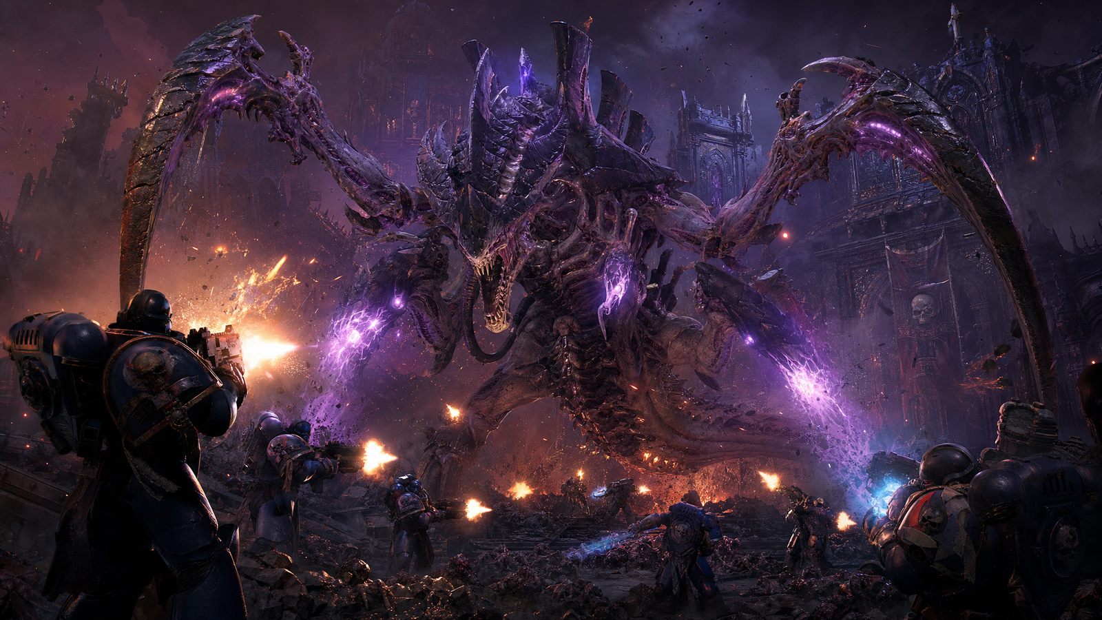 A massive Hive Tyrant boss encounter in Space Marine 2 Siege Mode 2.0 arena