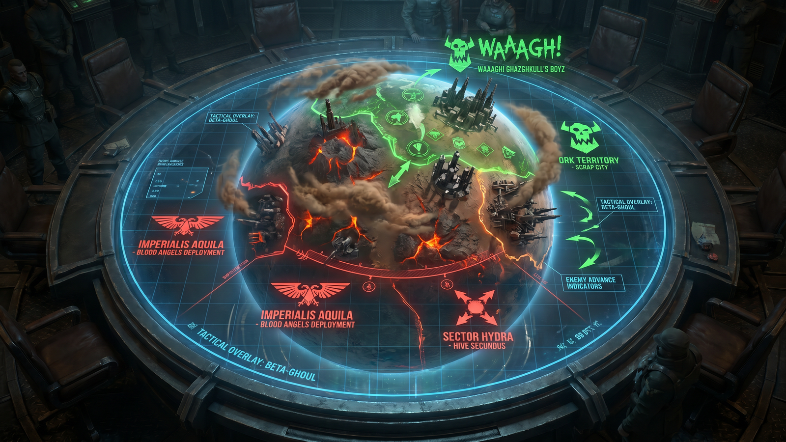 Strategic war map of the planet Armageddon showing Blood Angels and Ork battle lines