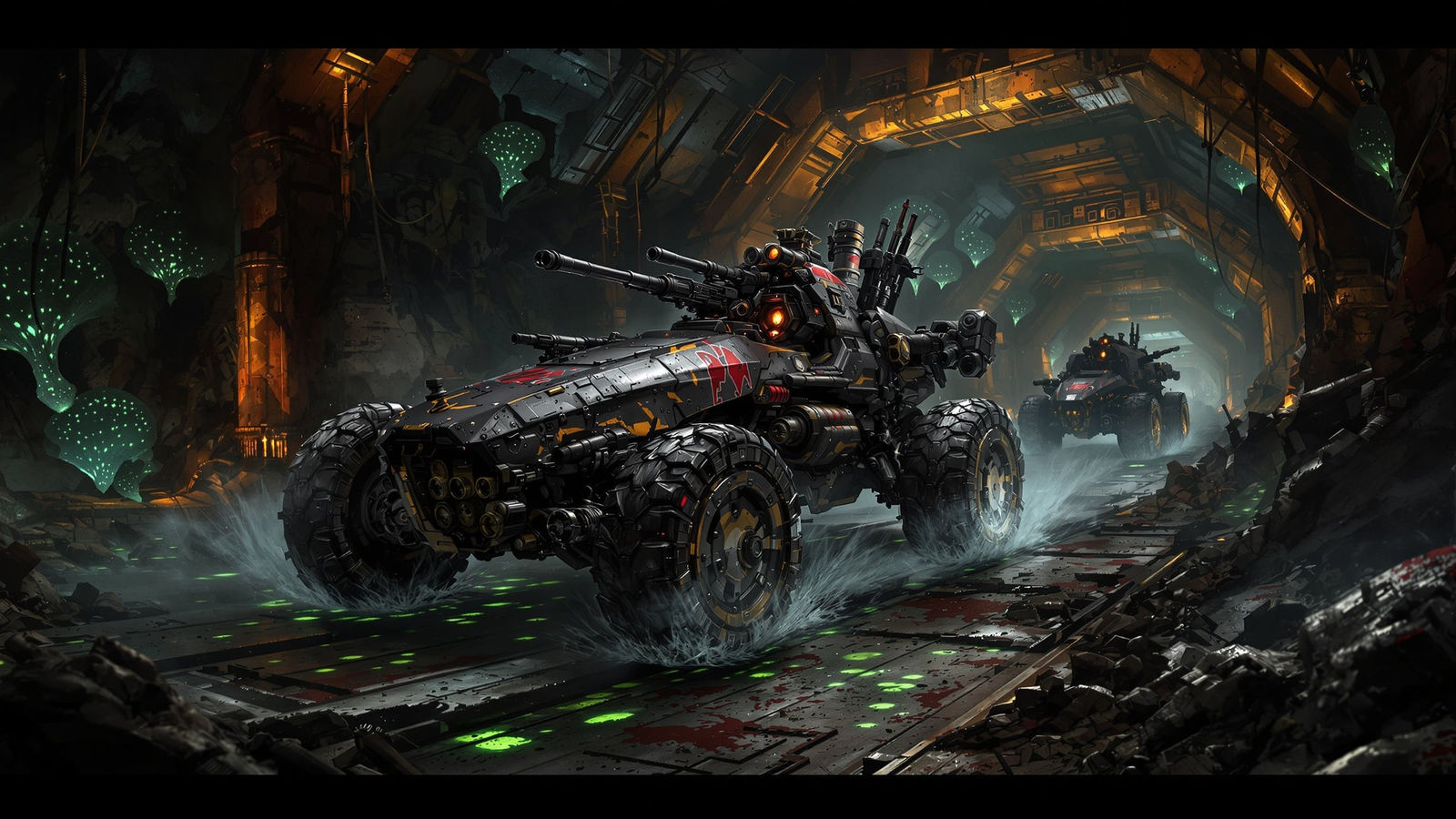 Necromunda racing vehicle navigating hazardous underhive terrain