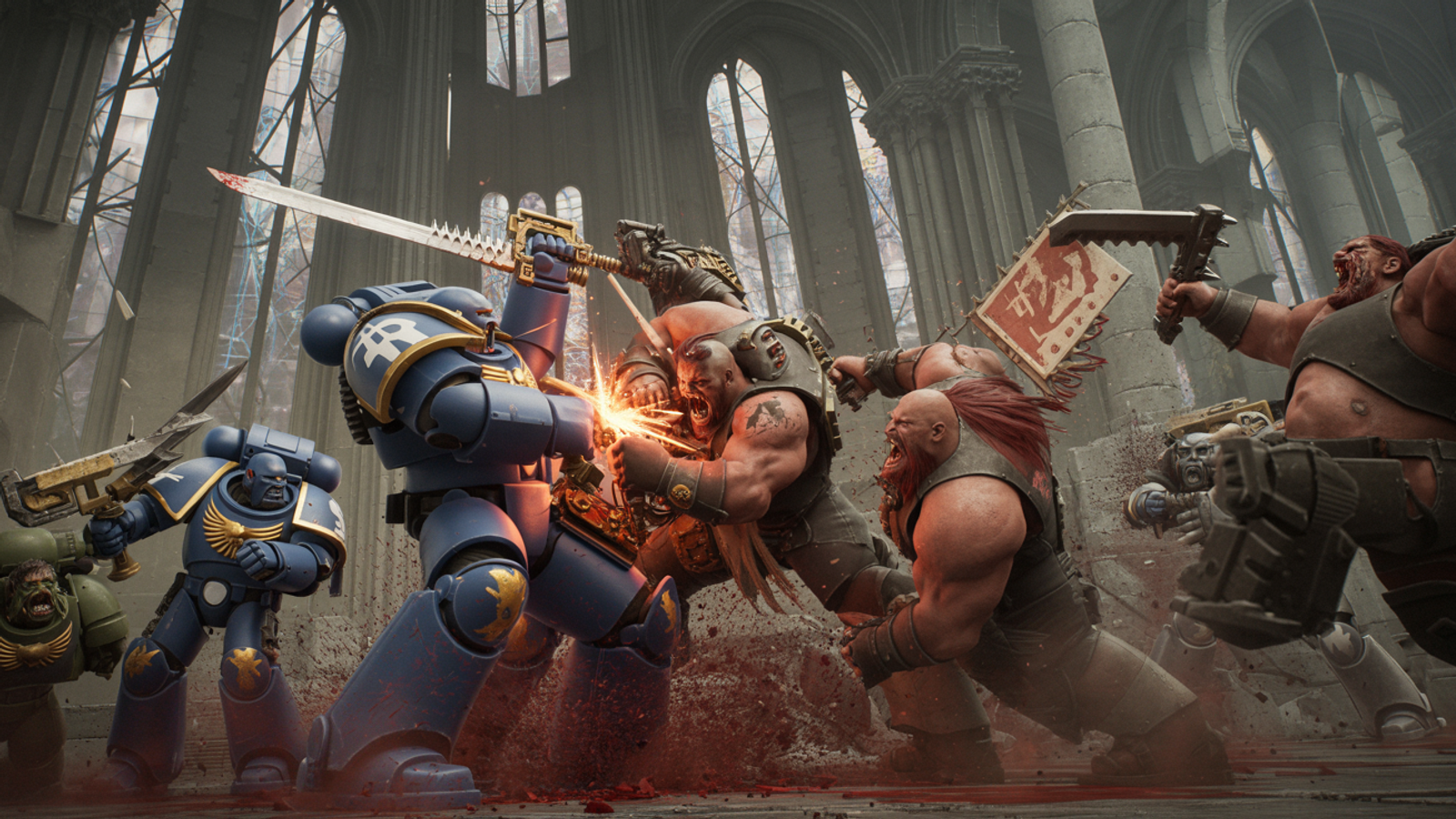 Space Marines and Orks locked in brutal close combat inside gothic ruins – 11th Edition melee changes