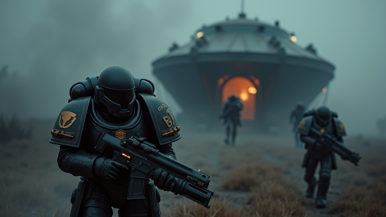 High angle view of Raven Guard Space Marines deploying from a drop pod in a dark battlefield